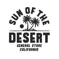 A black and white logo featuring two palm trees, a sun, and the text