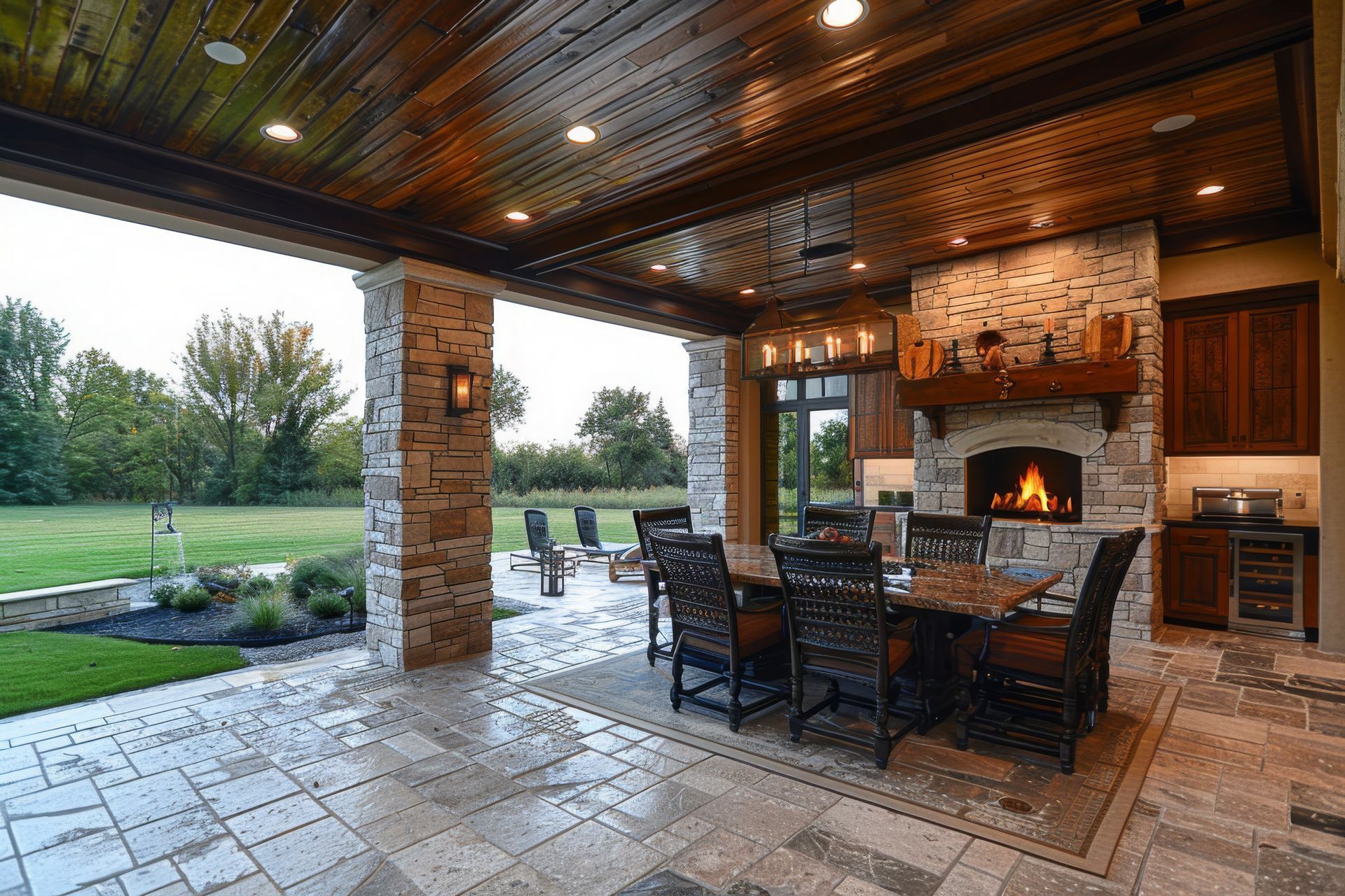 Outdoor covered patio with stone fireplace, dining table, chairs, built-in kitchen, tiled floor