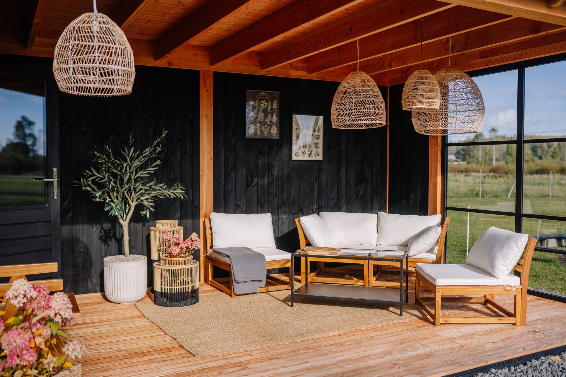 Cozy outdoor seating area with wooden furniture