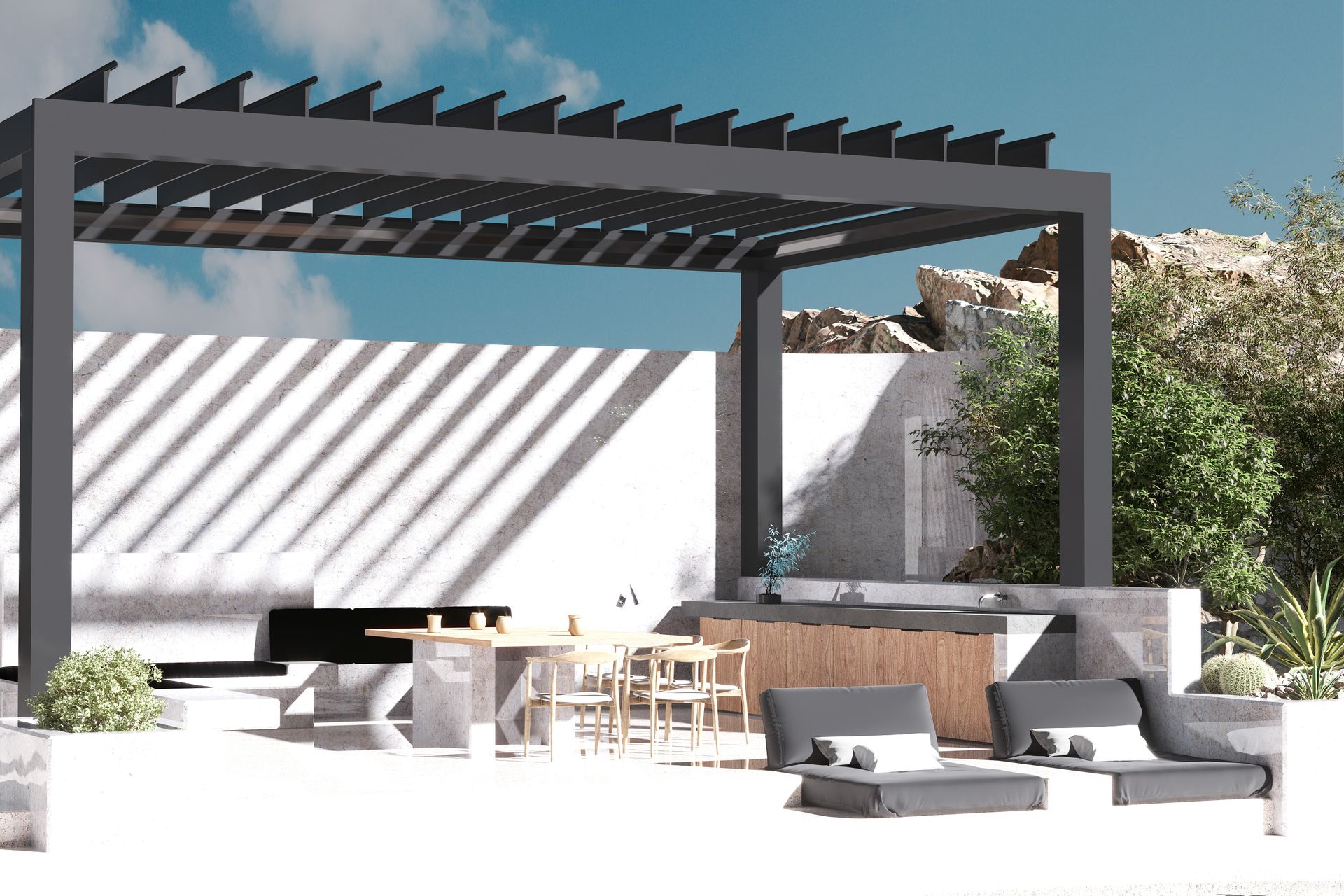 Modern black louvered aluminum pergola shading a patio dining table and lounge chairs.