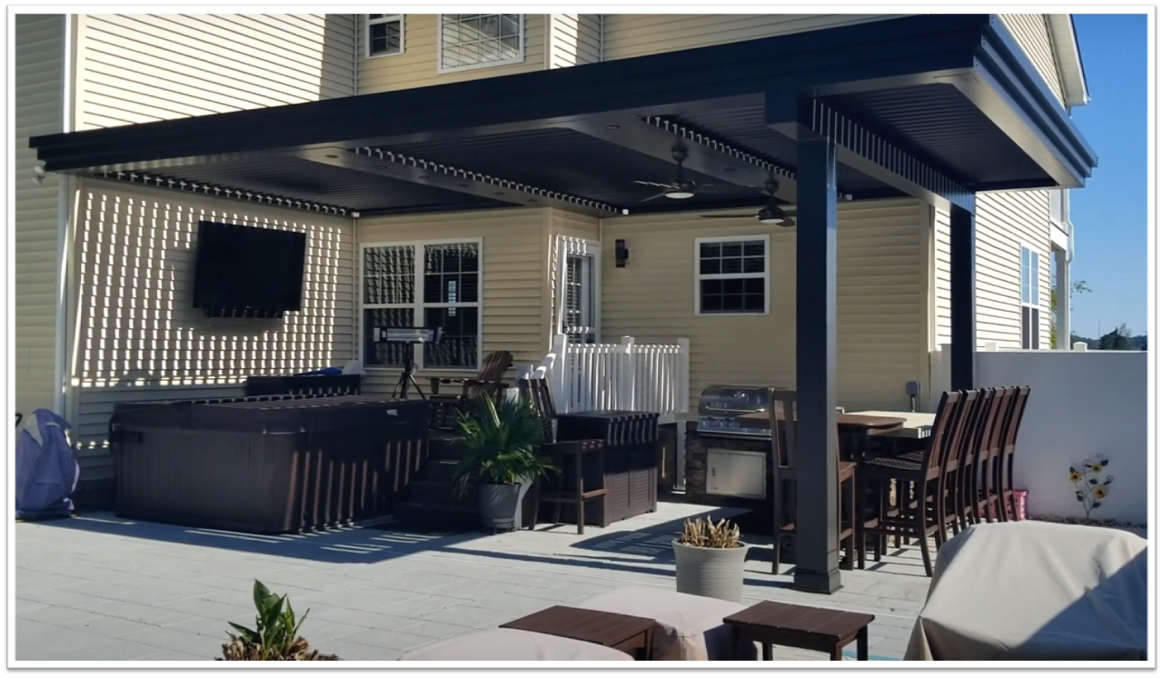 A covered patio with a hot tub , tables , chairs and a television.