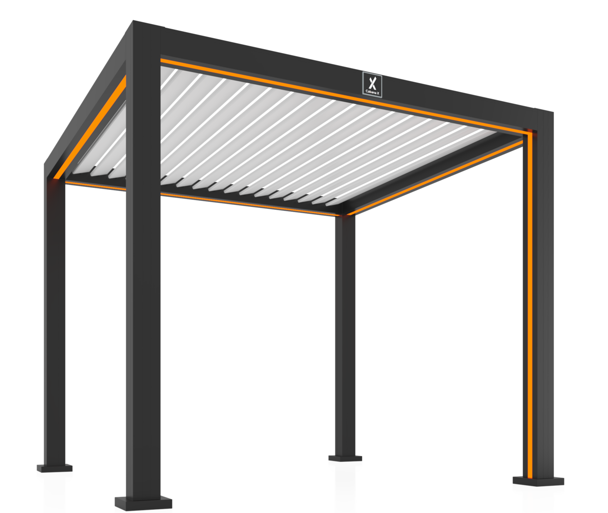A pergola with a black frame and orange trim on a white background. A pergola with a black frame and orange trim on a white background.