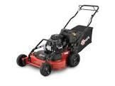 A red and black lawn mower on a white background.