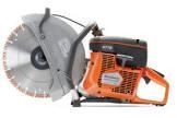 A concrete saw with a circular blade on a white background.