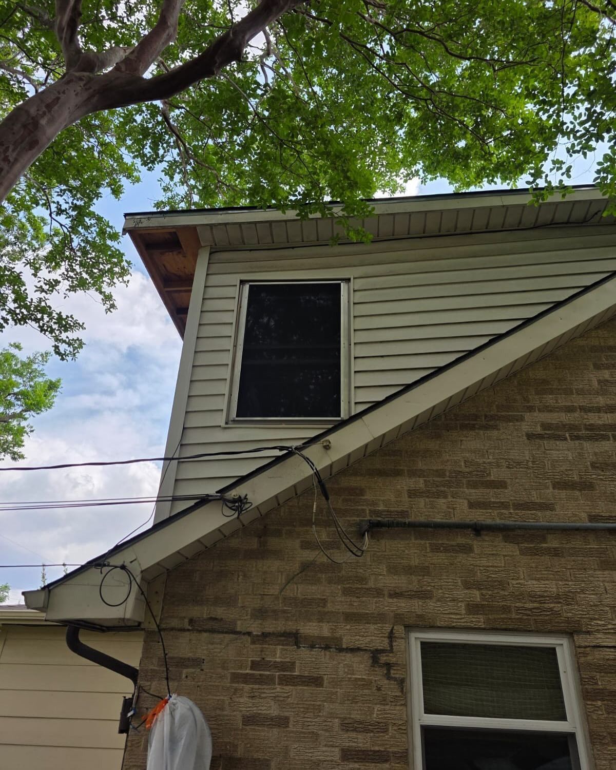 Exterior corner of a house with beige siding, brick facade, windows, and a large tree overhead.