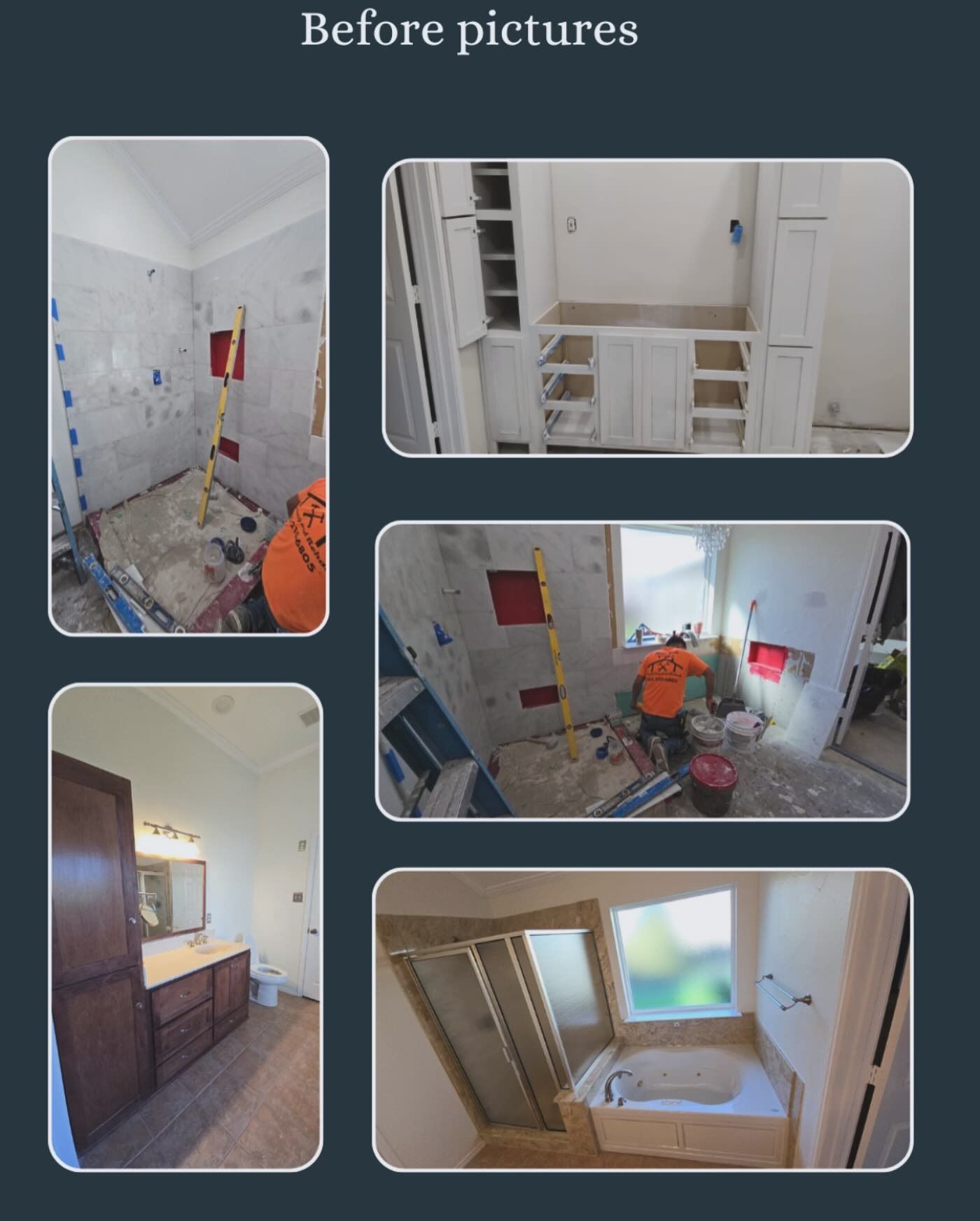Before photos of a home renovation: bathroom, hallway, and room with unfinished walls and exposed fixtures.