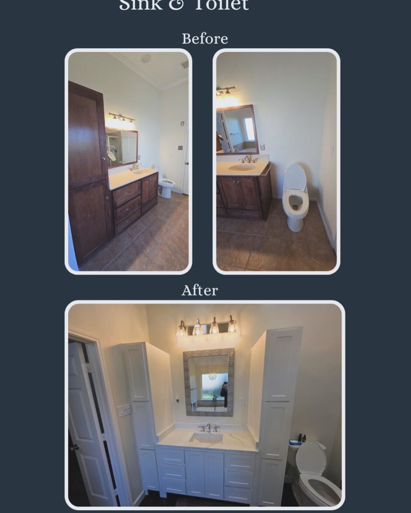 Before-and-after bathroom renovation showing a sink, toilet, vanity, mirror, and white cabinets.