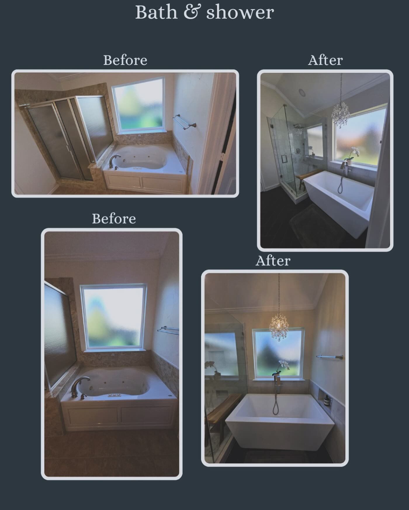 Bathroom shower before-and-after renovation, showing a new white tub, glass shower door, and window.