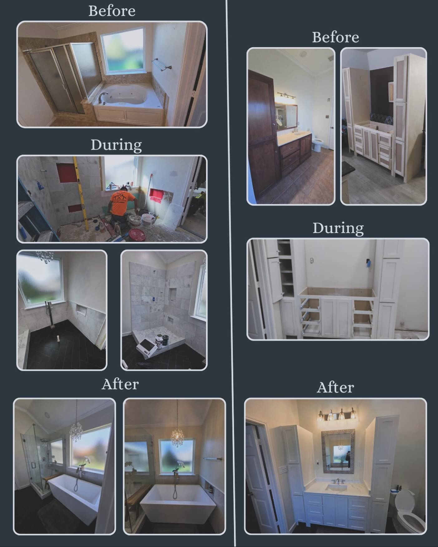 Collage of bathroom renovation showing before, during, and after views of a small tiled bathroom.