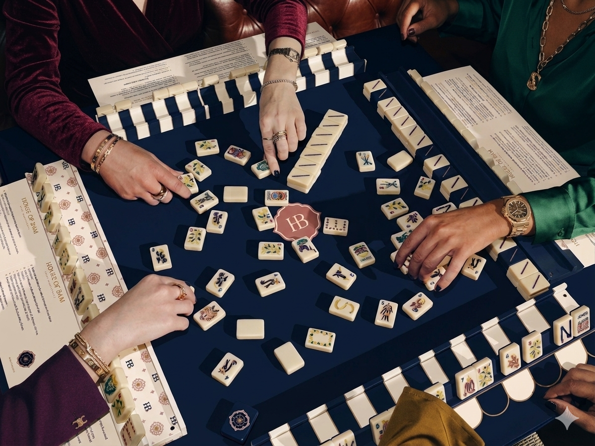 Hands playing a tabletop tile game on a blue cloth, with scattered tiles and score sheets around the table