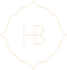 Monogram “HB” in pale gold inside a thin ornate floral border on a white background