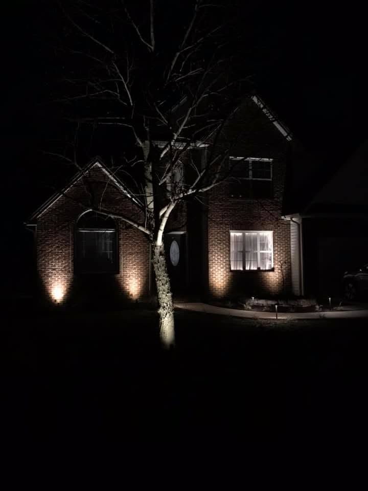 Brick house at night, lit by warm spotlights, with a leafless tree in the front yard.