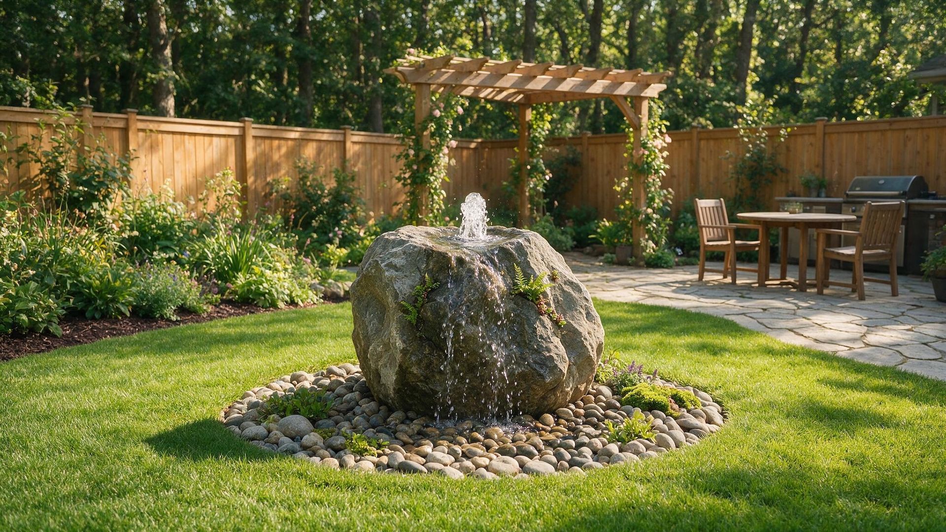 Backyard fountain with water spraying from a mossy rock, surrounded by stones, lawn, pergola, and patio dining set