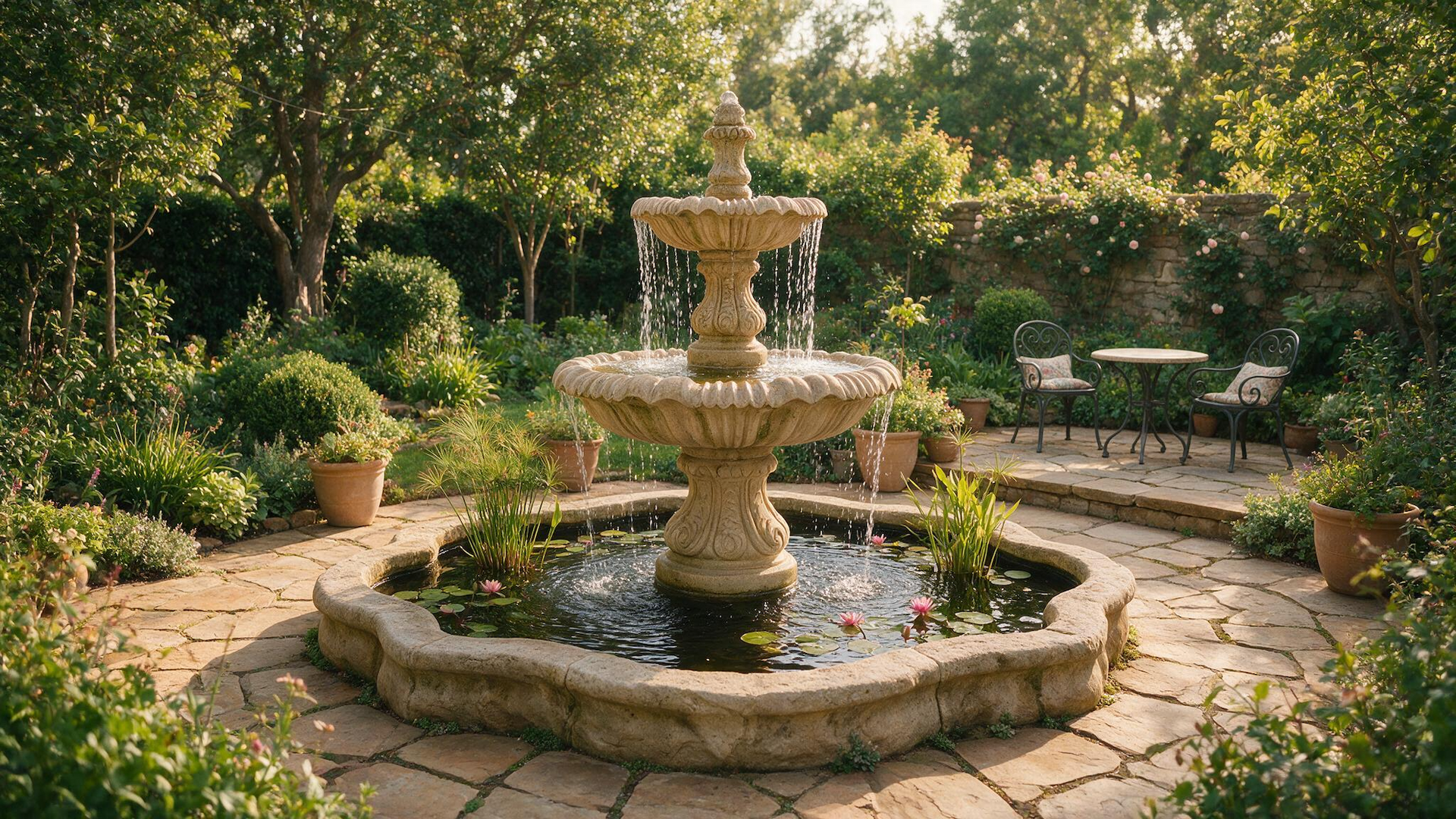 Tiered stone fountain in a sunlit garden, surrounded by trees, potted plants, and a stone patio.