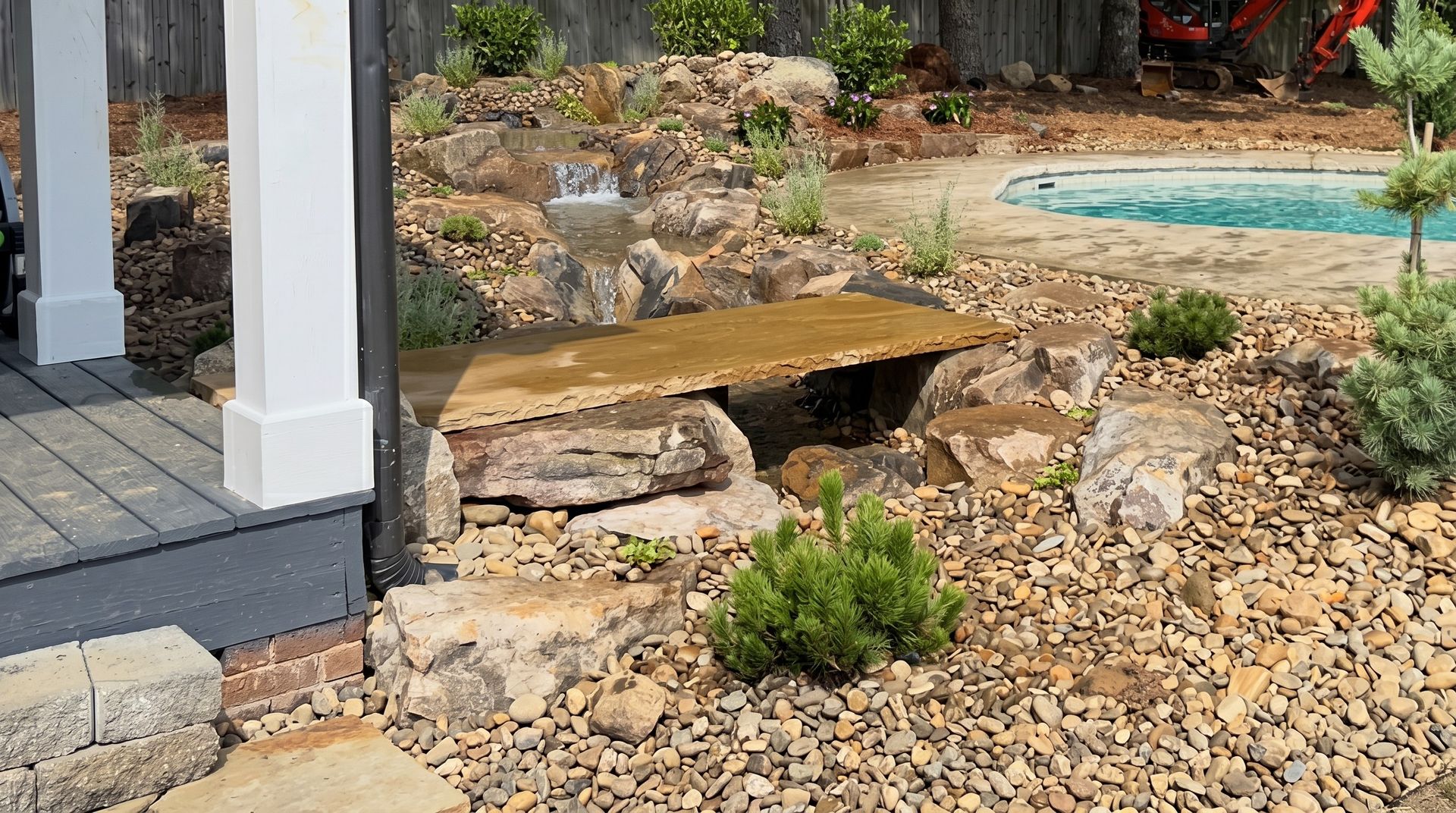 Rock garden with a stone bench beside a patio and swimming pool