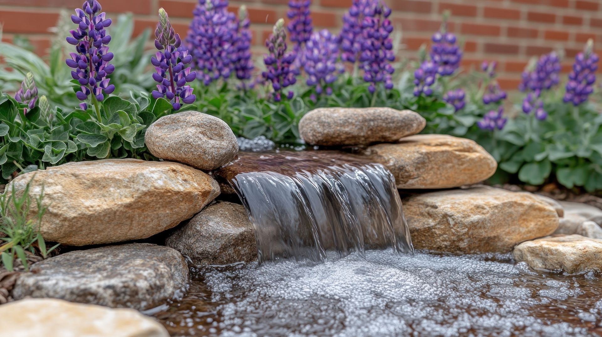 Stone garden fountain with water cascading over rocks, framed by purple flowers