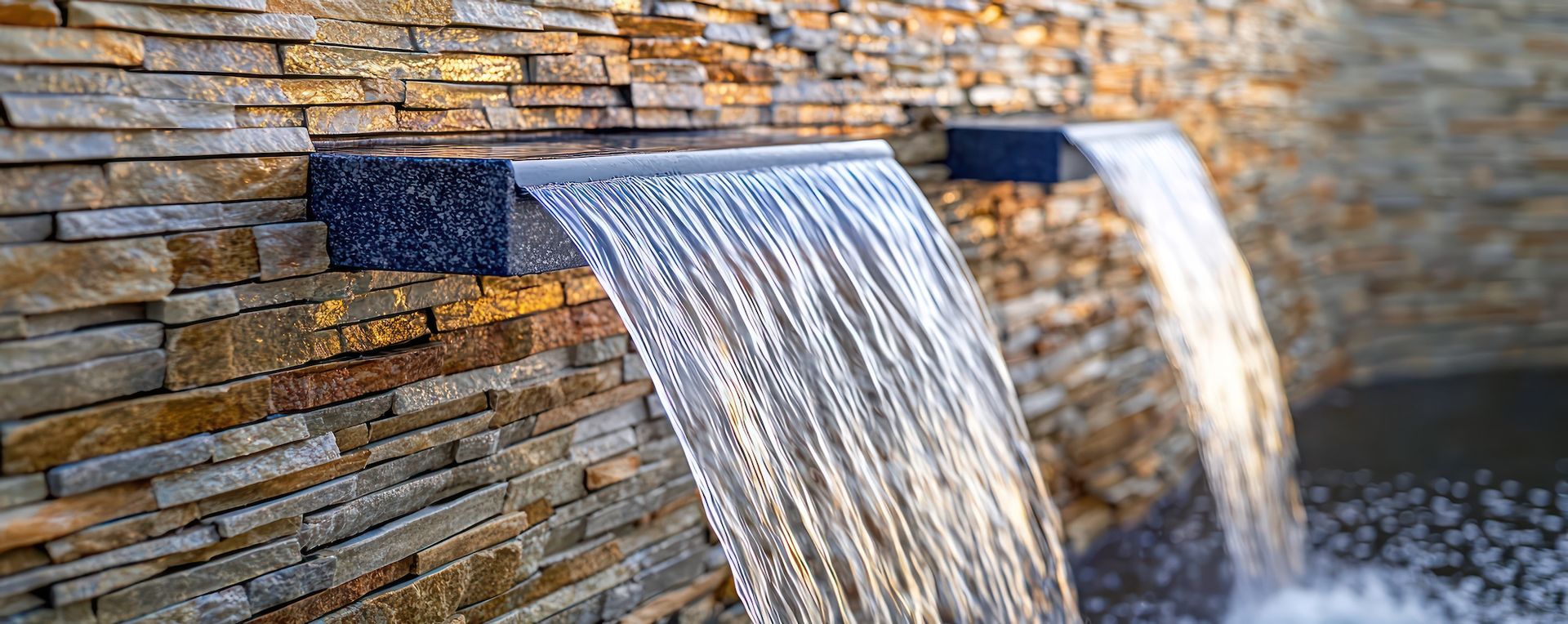 Water cascading from two wall spouts over a stone veneer fountain feature
