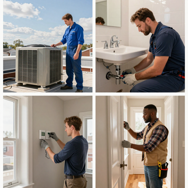 Technicians in blue uniforms installing HVAC, fixing sink, and repairing a thermostat and door lock.
