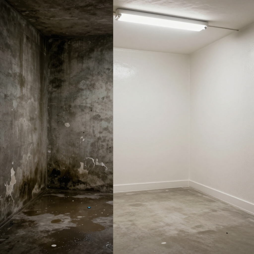 A damp, moldy concrete room beside a clean white room under fluorescent light.