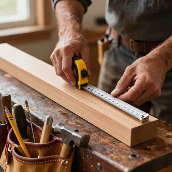 Person measuring a wood board with a tape measure at a workbench, with tools nearby