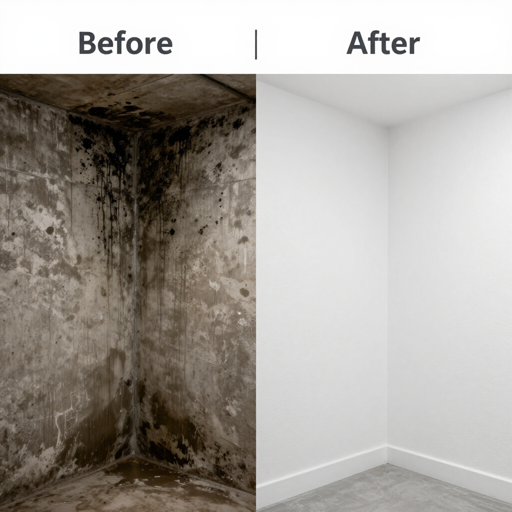 Before-and-after of a moldy corner cleaned to a bright white room corner