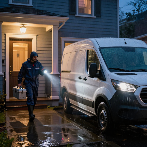 Delivery worker carrying a package beside a white van on a rainy driveway at dusk