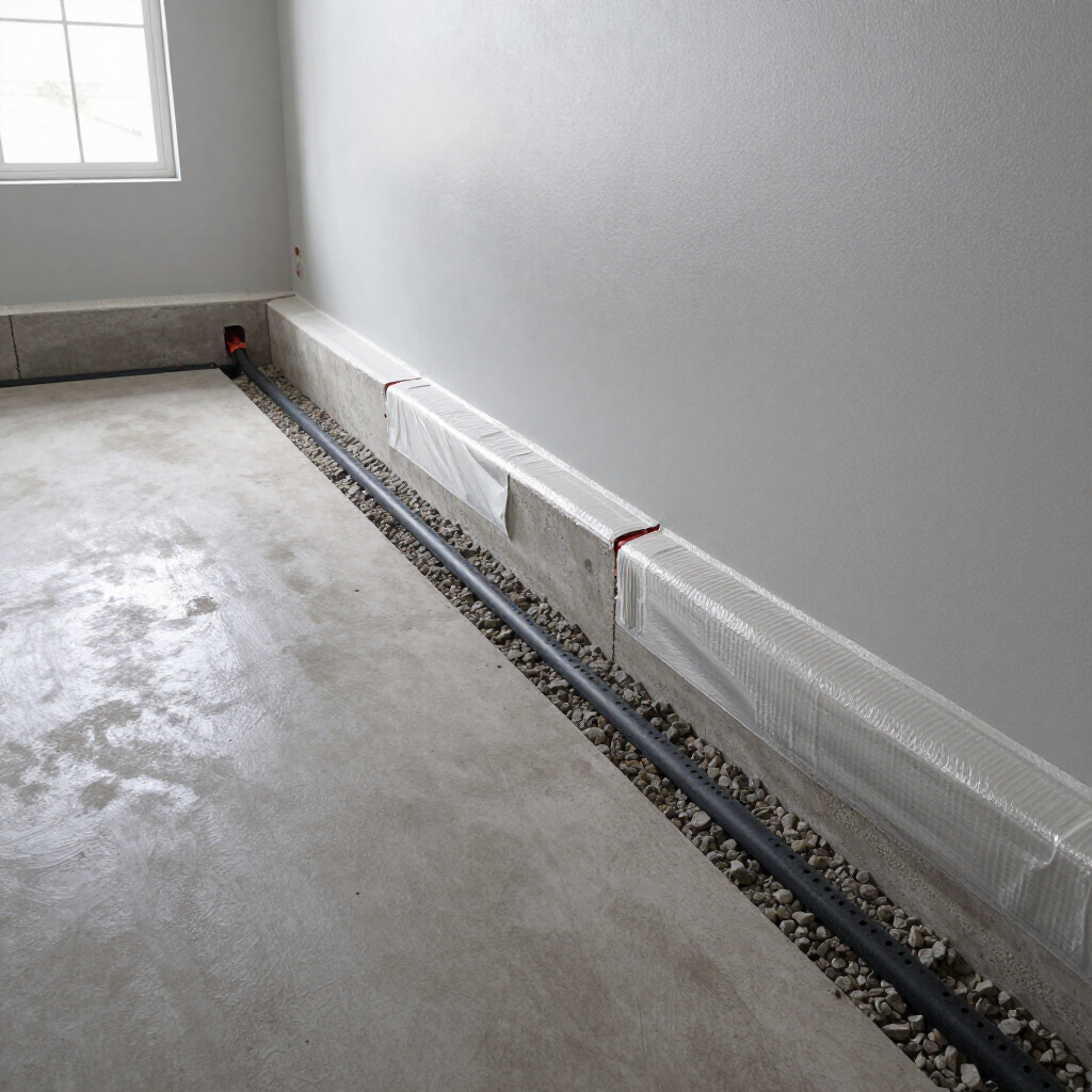 Newly poured concrete floor with a wall-mounted baseboard heating channel along the room’s edge