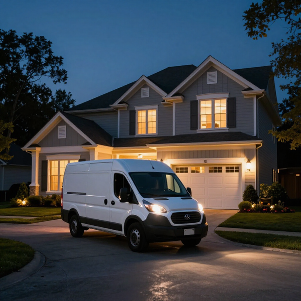 White delivery van parked in a driveway at dusk in front of a lit suburban house