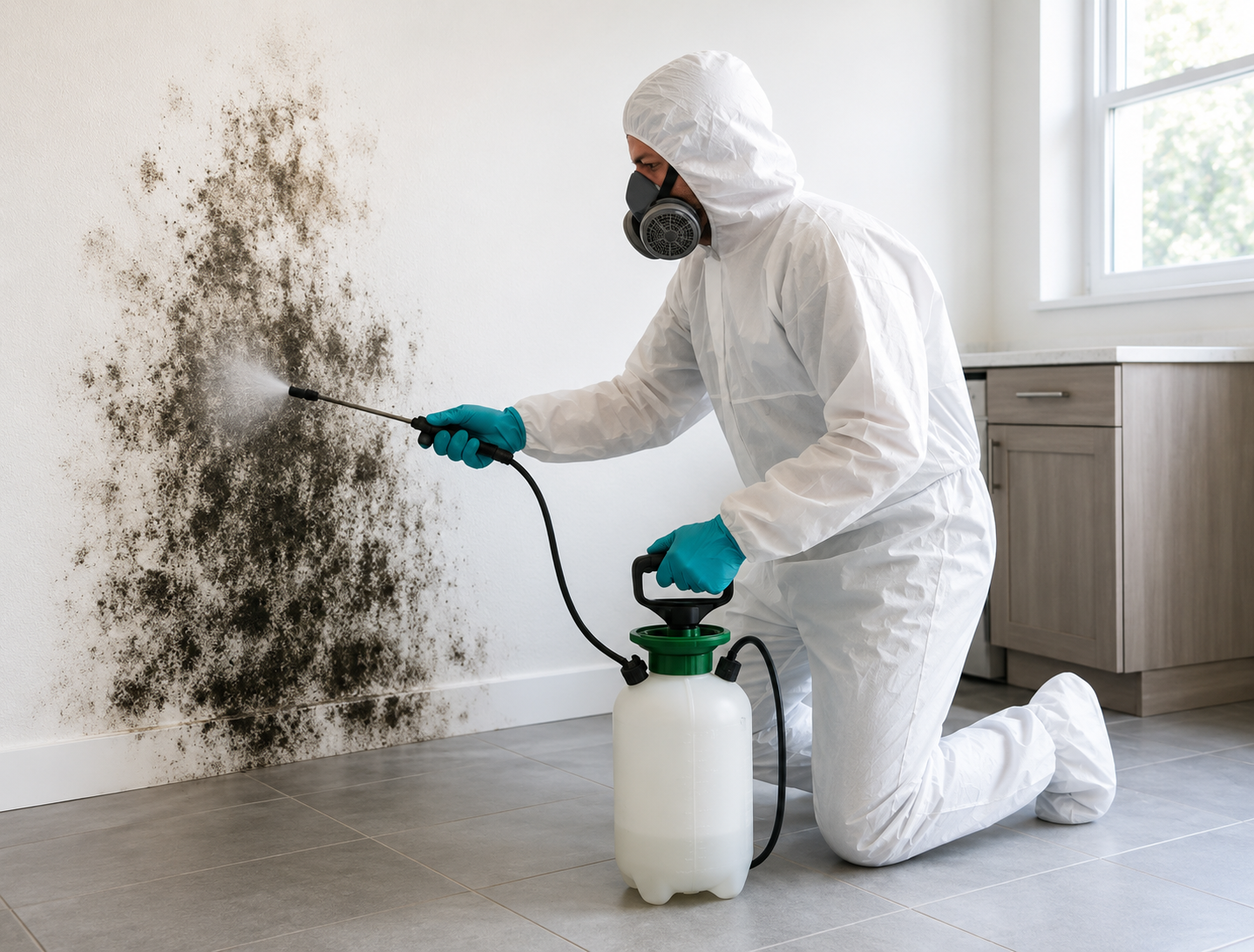 Person in white protective suit spraying mold on a wall in a bright room