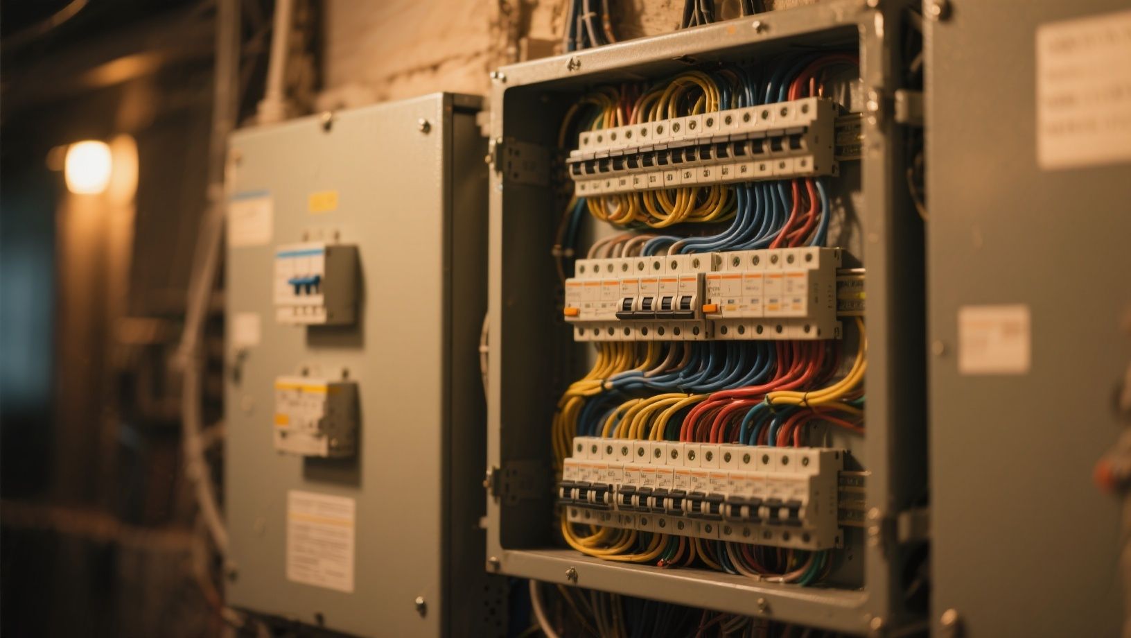 Open electrical control panel with colorful wiring and circuit breakers in a utility room