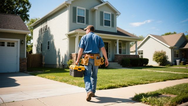 Person carrying a yellow tool bag walks toward a suburban house along a driveway.