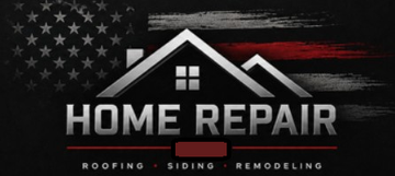 Home repair logo with house roof, U.S. flag background, and text: Roofing, Siding, Remodeling