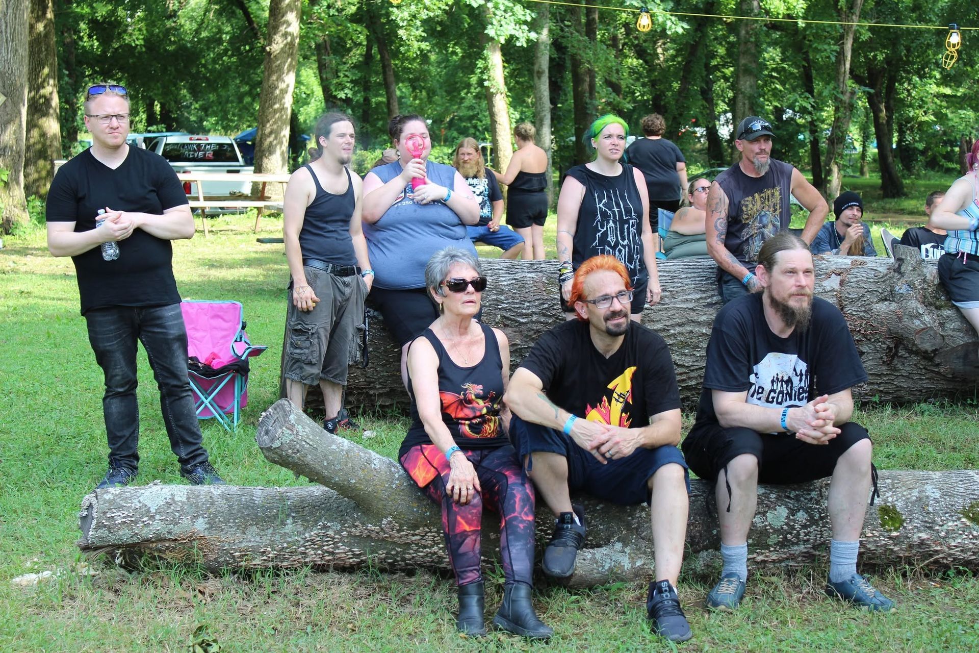 Group of people posing outdoors on a large fallen log in a park, with trees and grass around them.