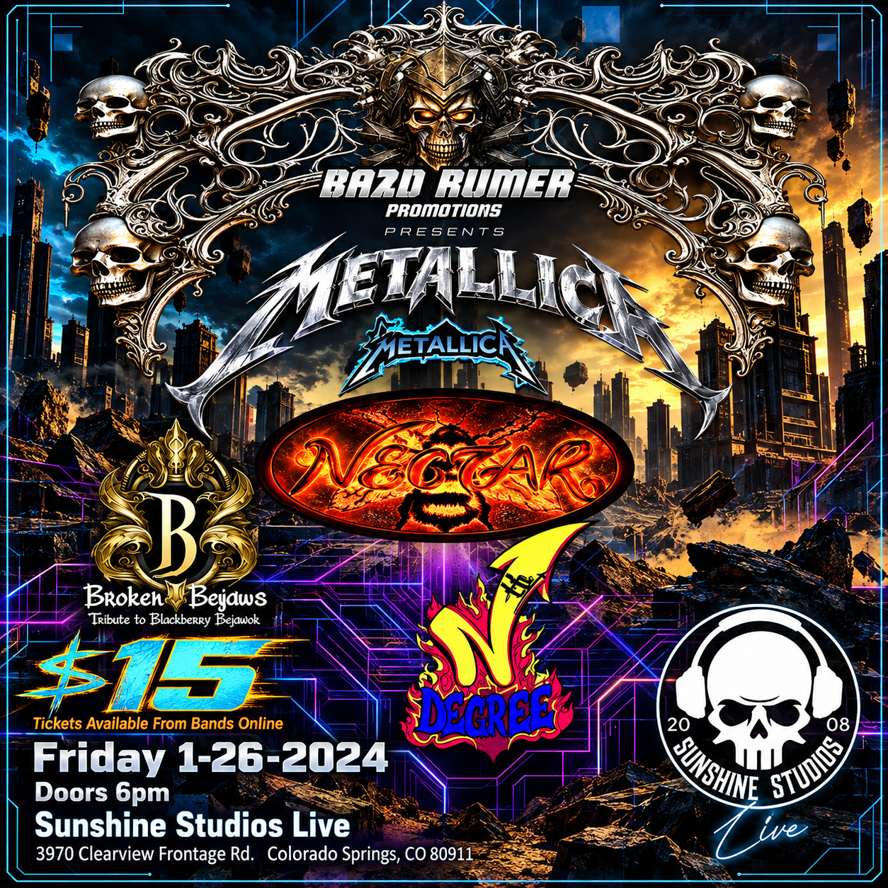 Metallica tribute concert poster with skulls, fiery logo, and event details for Friday 1-26-2024 at Sunshine Studios Live