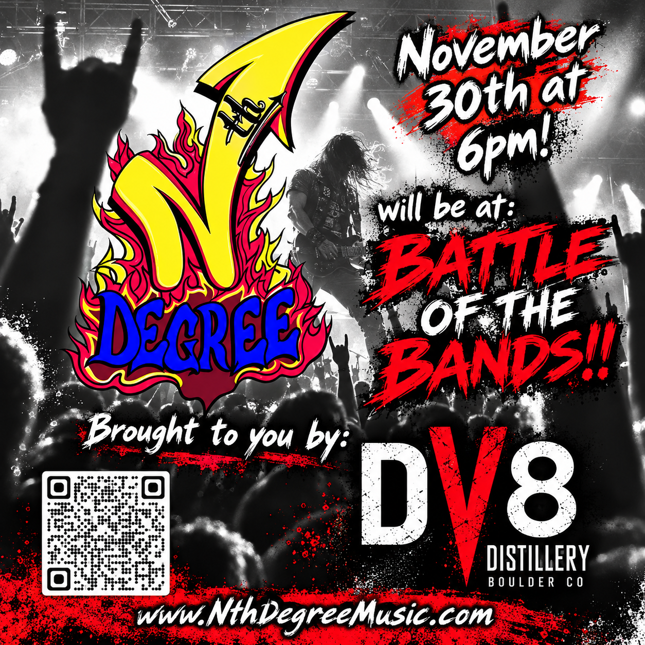 Concert flyer for DE3CREE, November 30 at 6pm, Battle of the Bands at DV8 Distillery, with QR code and website link