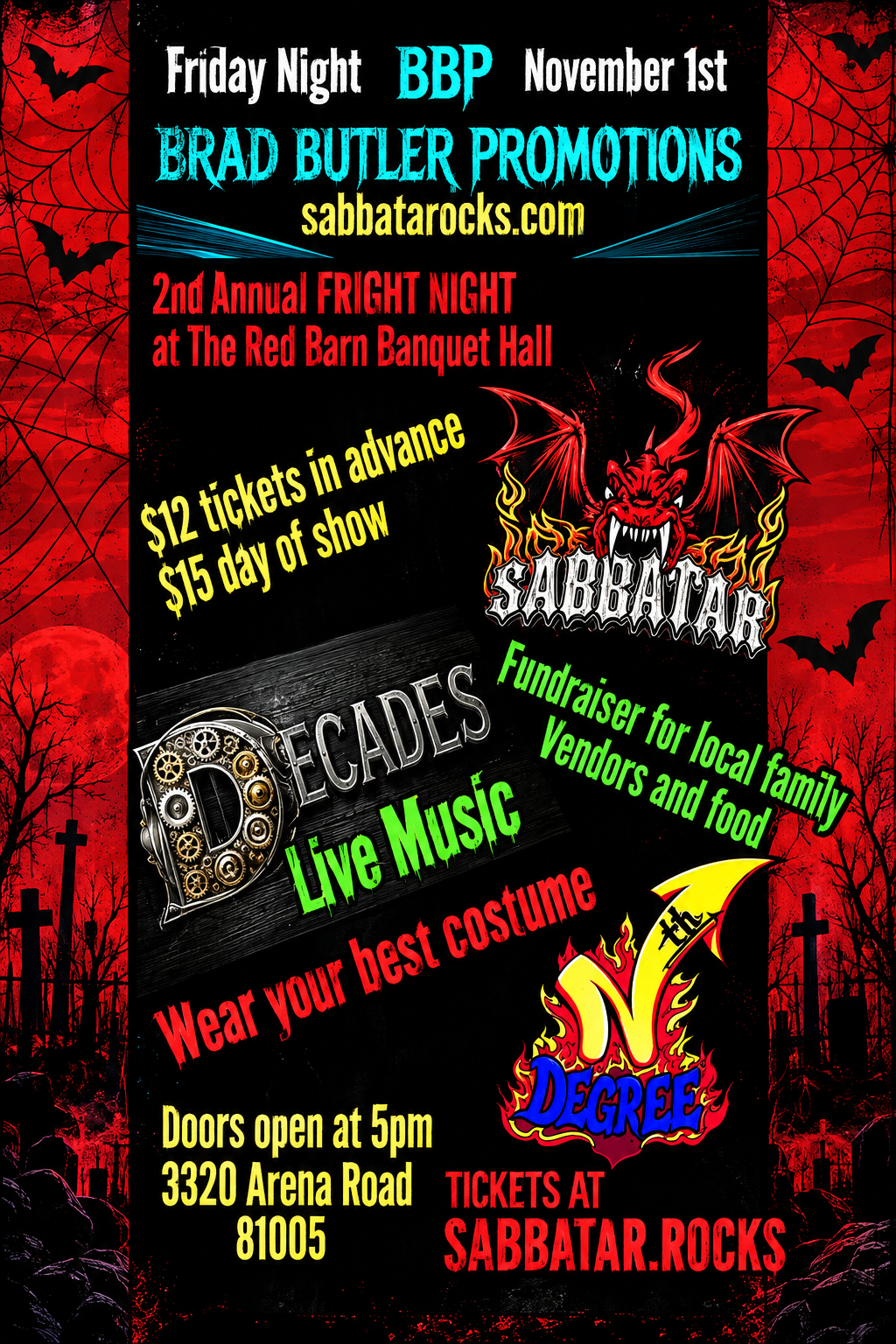 Black, red concert poster for Sabbatarocks.com at the Red Barn banquet hall, Nov. 1, with ticket details and bands listed