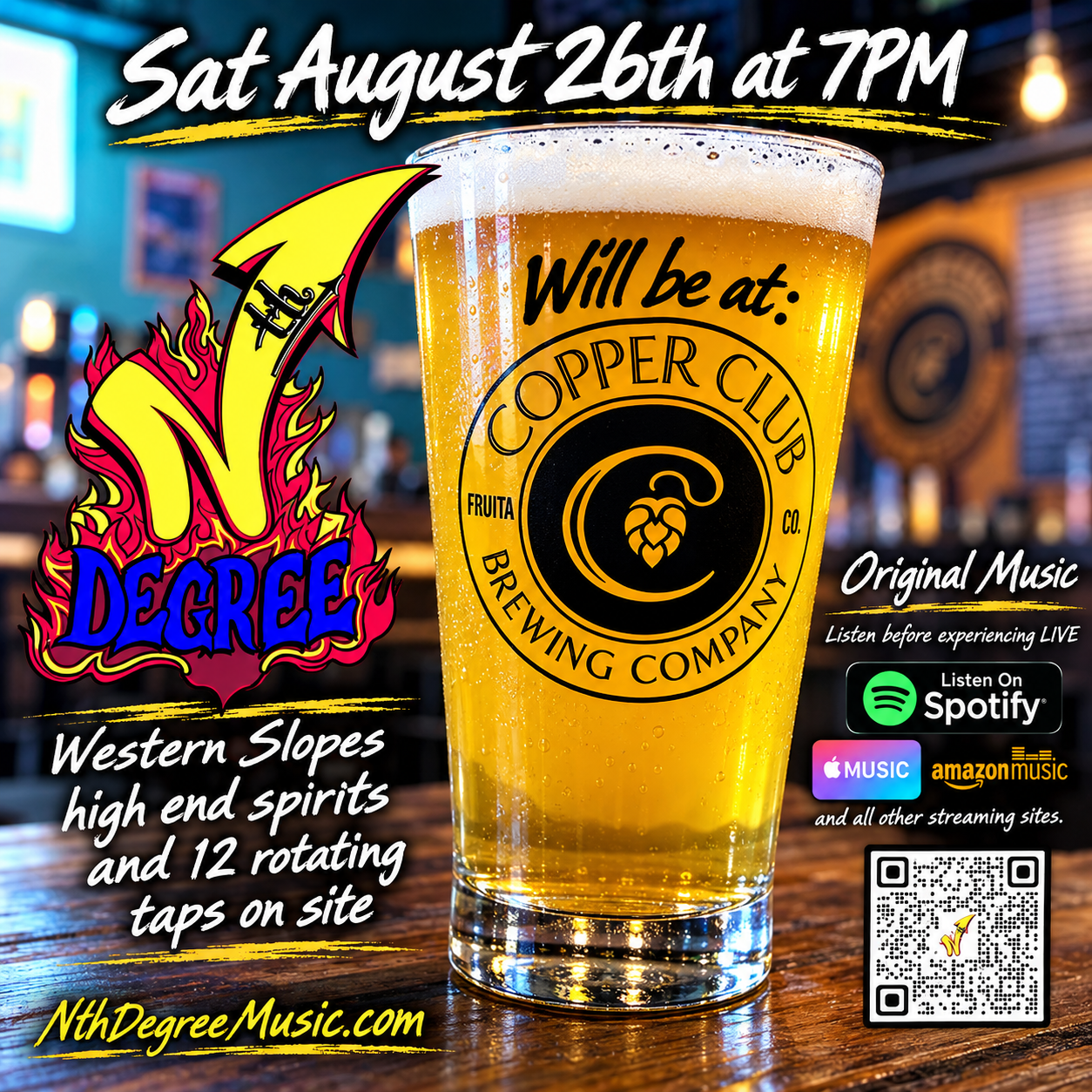 Live music flyer for We Degree at Copper Club Brewing Company, with beer glass and event details.