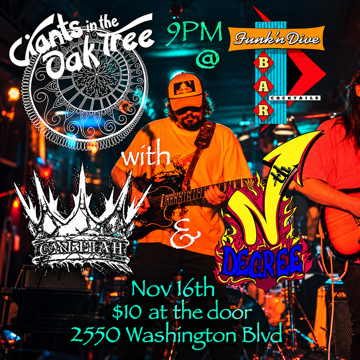 Concert flyer for “Giant in the Oak Tree,” 2 PM at Bamboo Dive Bar, Nov. 16, $10 at door, 2550 Washington Blvd