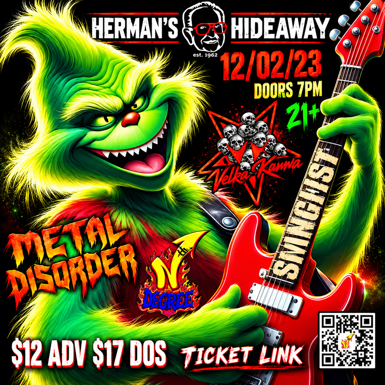 Poster for a metal show at Herman’s Hideaway, Dec. 2, 2023, with neon green monster art and red guitar.