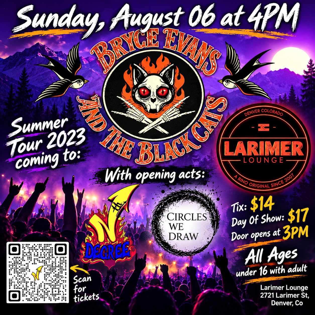 Concert poster for Bryce Evans & The Black Cats, Sunday Aug 6 at 4 PM, Larimer Lounge, with opening acts