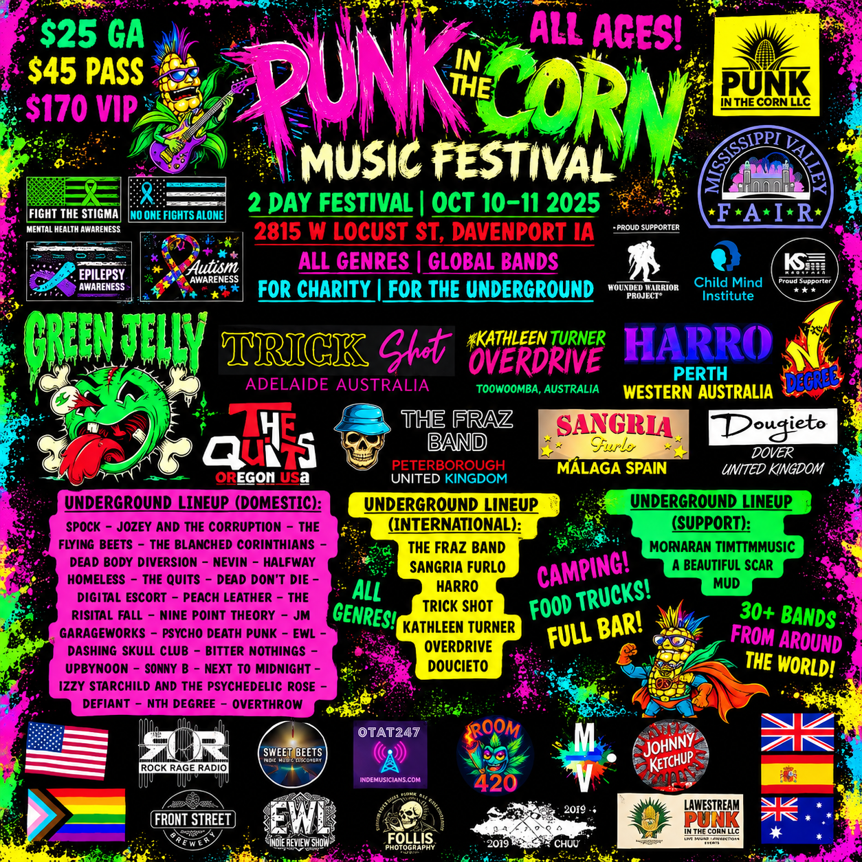 Colorful punk music festival poster with neon text, band logos, and event details on a black background