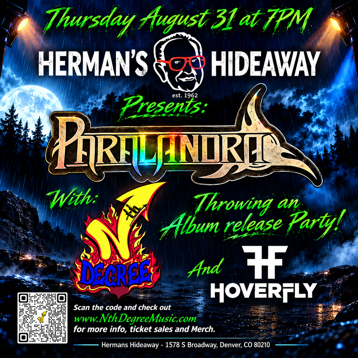 Concert flyer for Herman's Hideaway: Pertainandro with Degree and Hoverfly, Thurs Aug. 31 at 7 PM