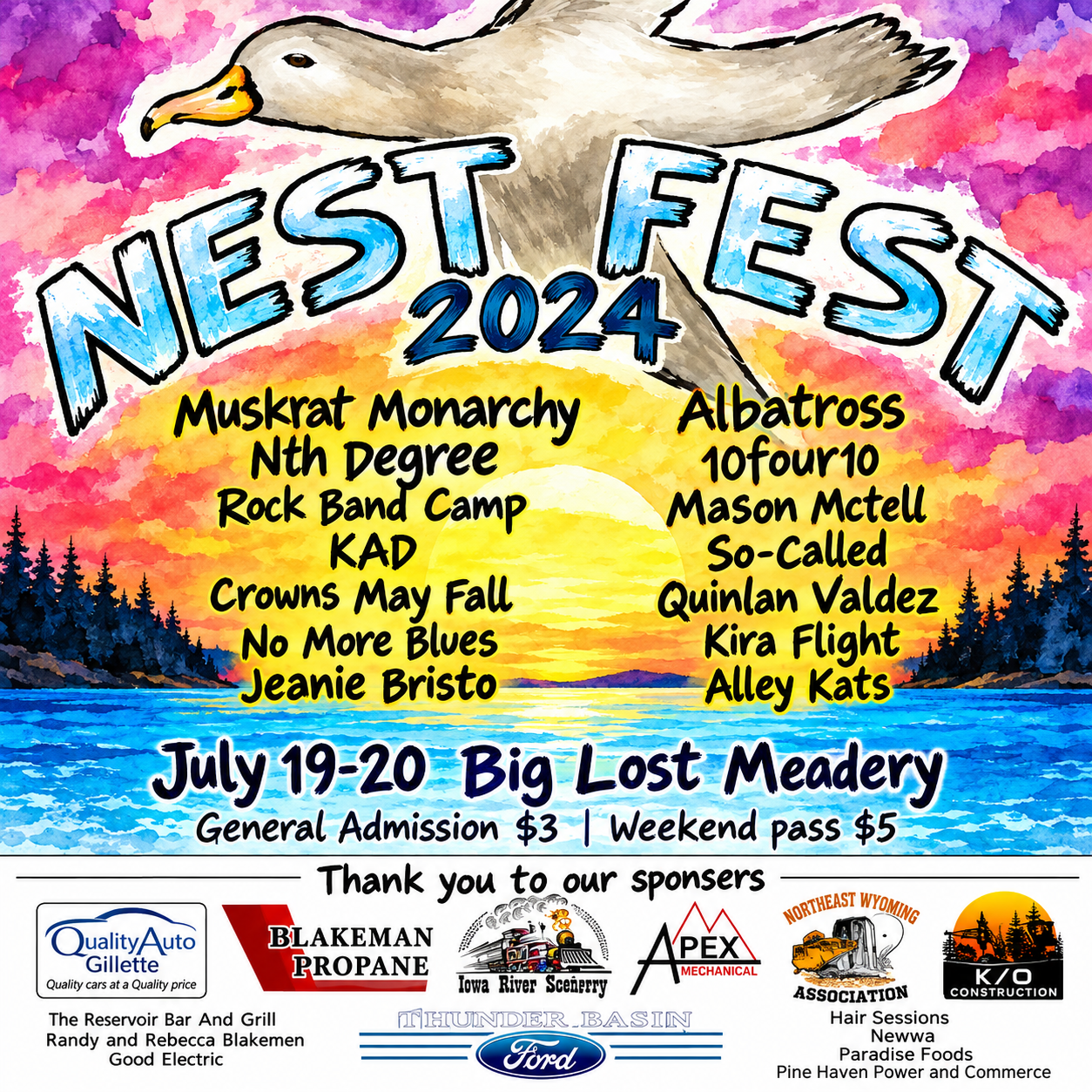 NEST FEST 2024 poster with white goose and colorful band lineup on a pink sky background.