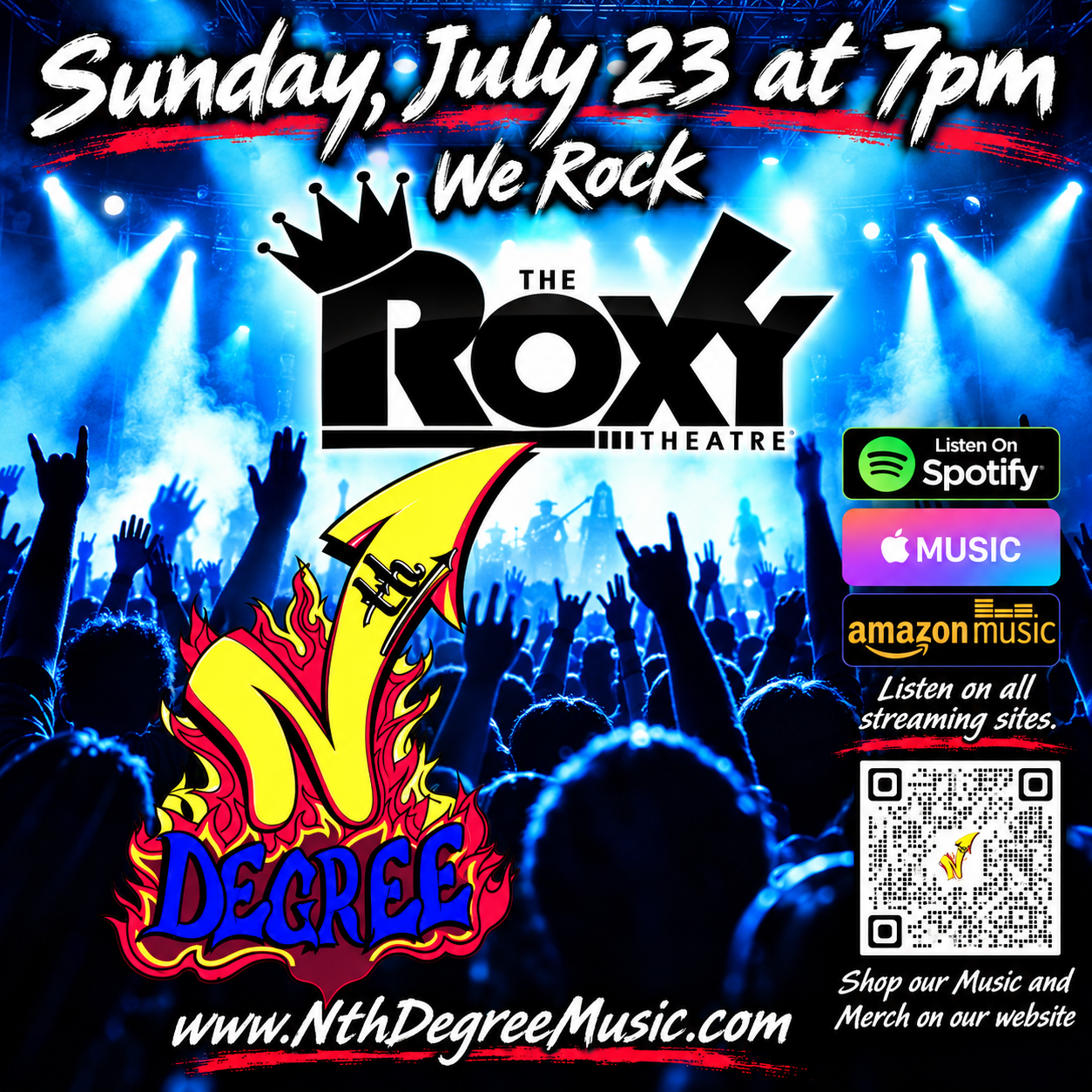 Concert poster for The Roxy Theatre, Sunday July 23 at 7pm, with Degree and streaming icons