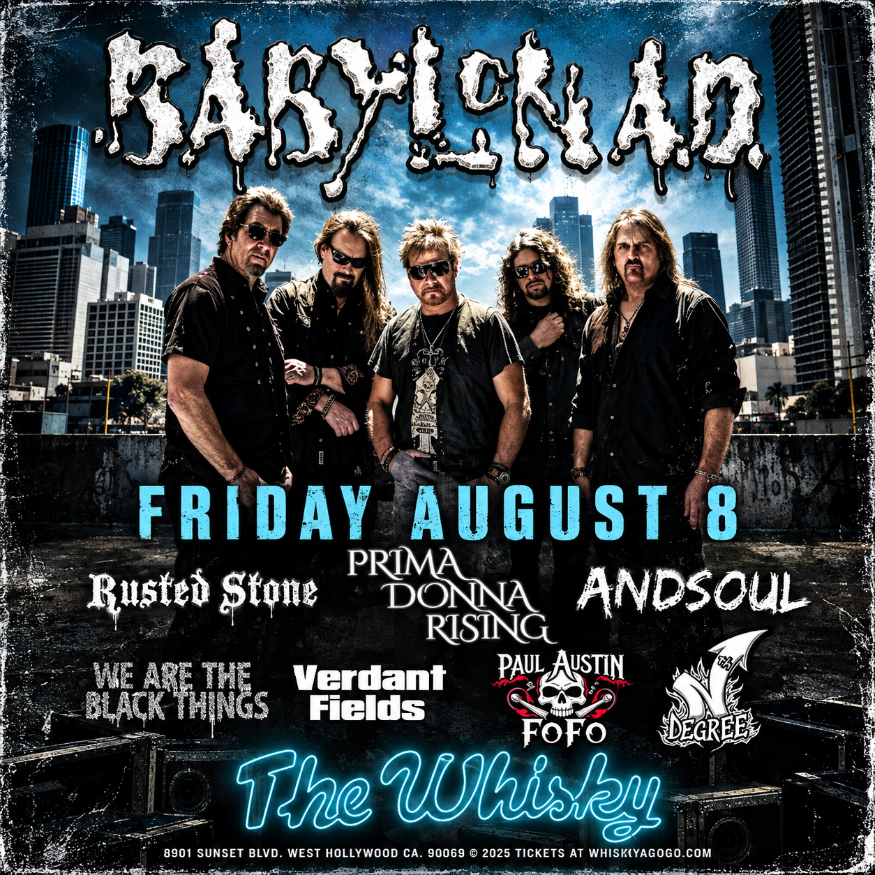 Babyklam concert poster with band members, city skyline, and date Friday August 8 at The Whisky
