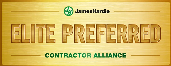 James Hardie Elite Preferred Contractor Alliance logo. Gold background with green logo and text.
