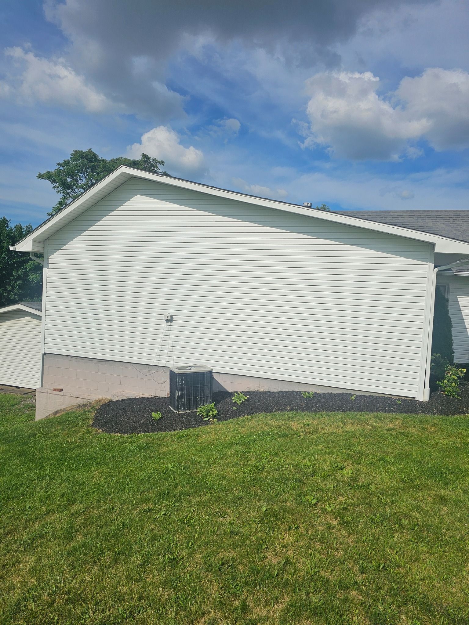 White-sided house with a small air conditioning unit, set on a grassy lawn with a blue sky.