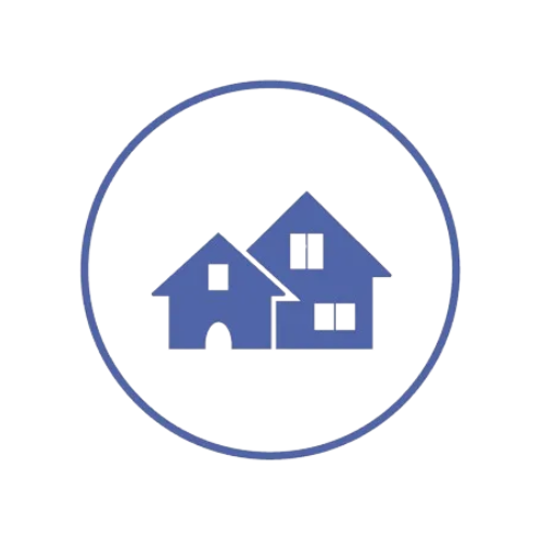 Blue houses within a circle, representing real estate or housing.