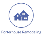 Blue icon of two houses inside a circle, with text: Porterhouse Remodeling.