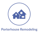 Blue icon of two houses inside a circle, with text: Porterhouse Remodeling.